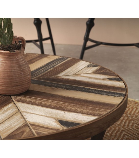 Mesa de centro redonda de madera maciza con base metálica negra