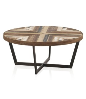 Mesa de centro redonda de madera maciza con base metálica negra. Mdmhogar