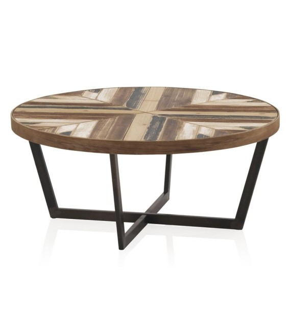 Mesa de centro redonda de madera maciza con base metálica negra. Mdmhogar