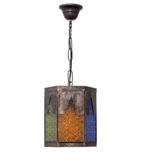 Lámpara techo étnica metal bronce cristal labrado colores
