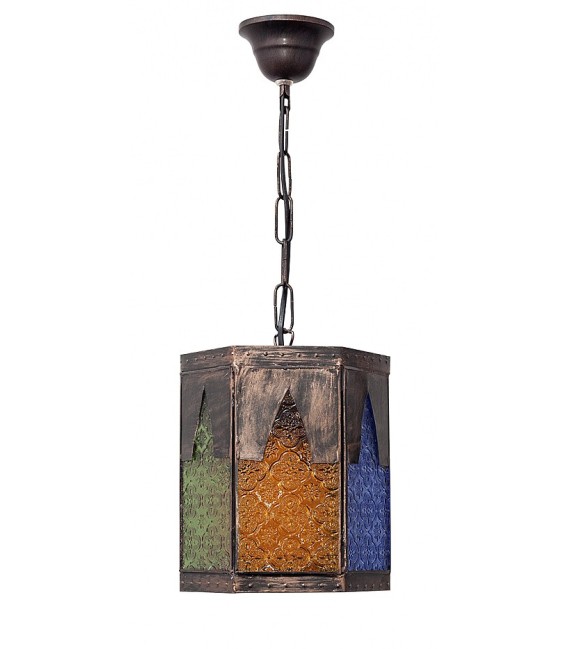 Lámpara techo étnica metal bronce cristal labrado colores