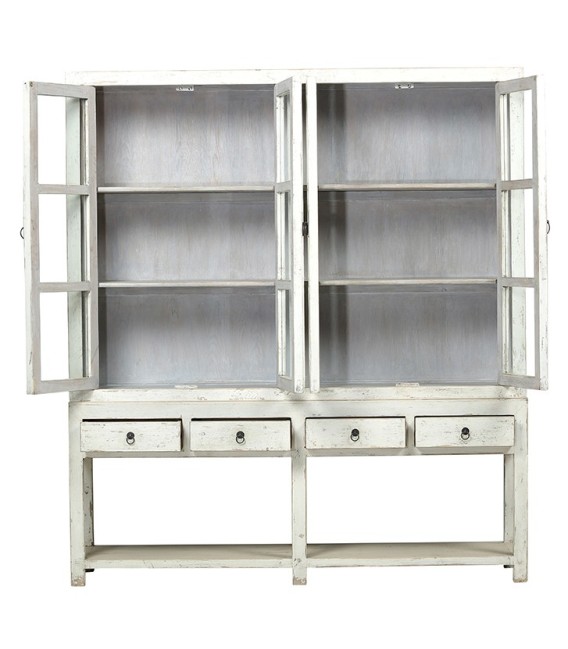 Vitrina oriental blanca con puertas acristaladas y 4 cajones.1