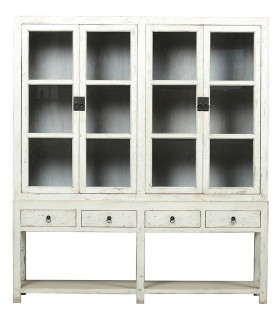 Vitrina oriental blanca con puertas acristaladas y 4 cajones.
