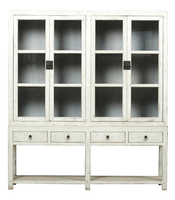 Vitrina oriental blanca con puertas acristaladas y 4 cajones.