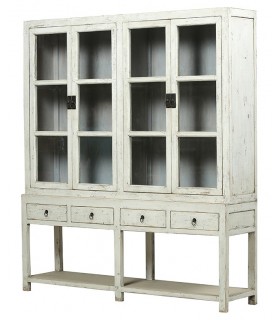Vitrina oriental blanca con puertas acristaladas y 4 cajones. Mdmhogar