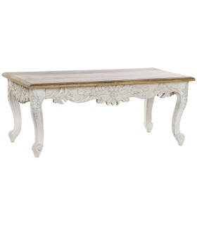Mesa de centro colonial tallada en blanco y madera natural noble.