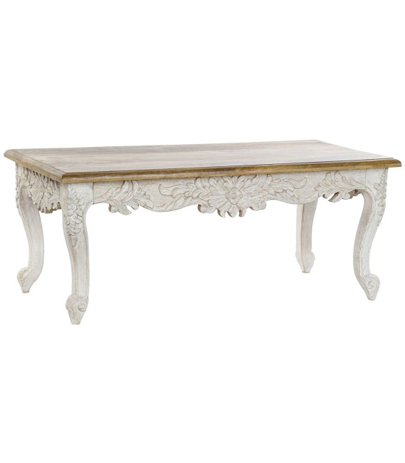 Mesa de centro colonial tallada en blanco y madera natural noble.