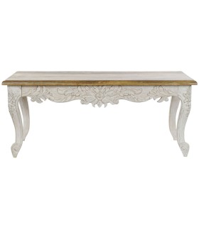 Mesa de centro colonial tallada en blanco y madera natural noble. 1