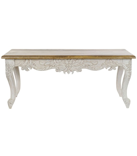 Mesa de centro colonial tallada en blanco y madera natural noble. 1