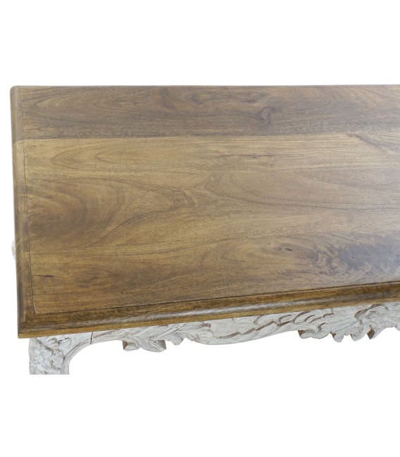 Mesa de centro colonial tallada en blanco y madera natural noble. 3
