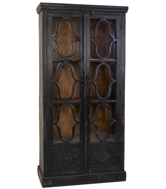 Vitrina de pino negro vintage con celosía de estilo colonial