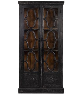 Vitrina de pino negro vintage con celosía de estilo colonial 1