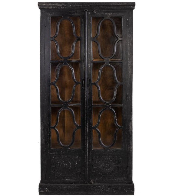 Vitrina de pino negro vintage con celosía de estilo colonial 1
