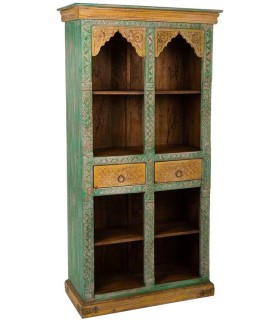Librería étnica madera mango tallada decapada en verde ocre 2 cajones
