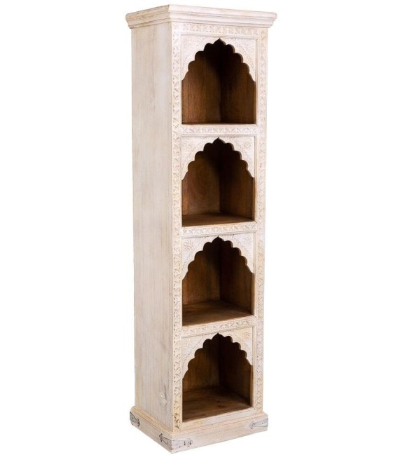 Estantería étnica madera maciza de mango tallada blanco rozado