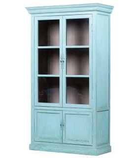 Vitrina turquesa chic con puertas de cristal y madera maciza.