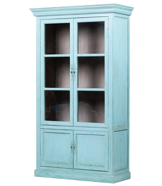 Vitrina turquesa chic con puertas de cristal y madera maciza.
