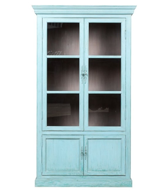 Vitrina turquesa chic con puertas de cristal y madera maciza.1