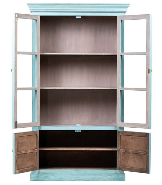 Vitrina turquesa chic con puertas de cristal y madera maciza.2