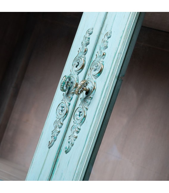 Vitrina turquesa chic con puertas de cristal y madera maciza.3