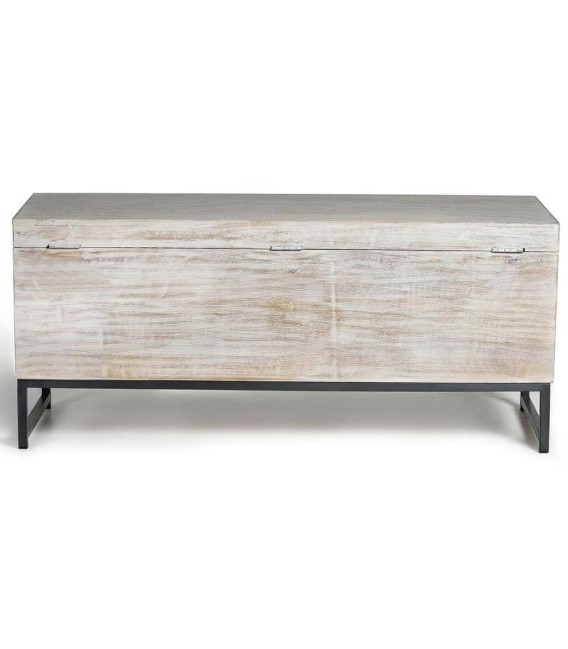 Baúl étnico grande de madera tallada blanqueada base metálica gris. 3