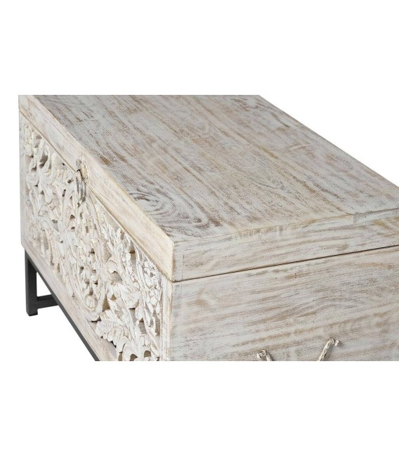 Baúl pequeño artesanal de madera tallada blanqueada y metal gris. 3