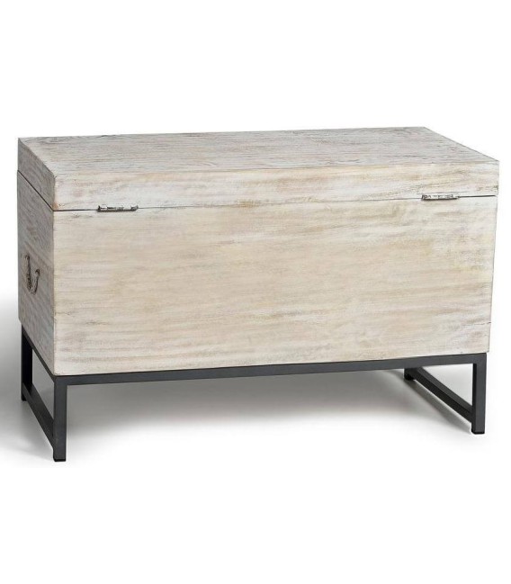 Baúl pequeño artesanal de madera tallada blanqueada y metal gris. 2