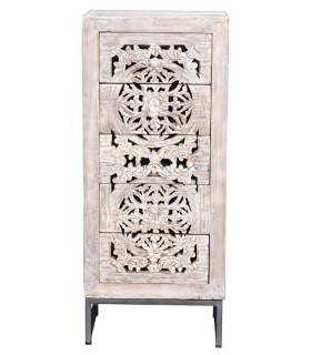 Sinfonier étnico de madera tallada blanqueada y metal gris. 1