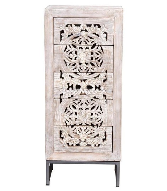 Sinfonier étnico de madera tallada blanqueada y metal gris. 1