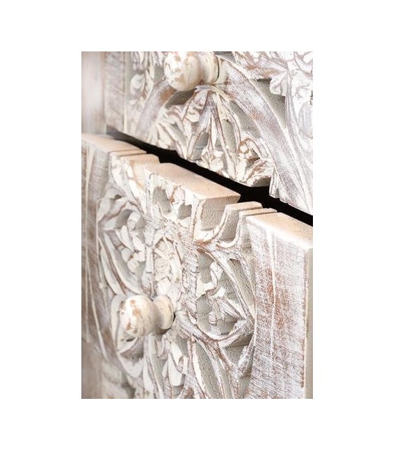 Sinfonier étnico de madera tallada blanqueada y metal gris. 4