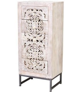 Sinfonier étnico de madera tallada blanqueada y metal gris. Mdmhogar