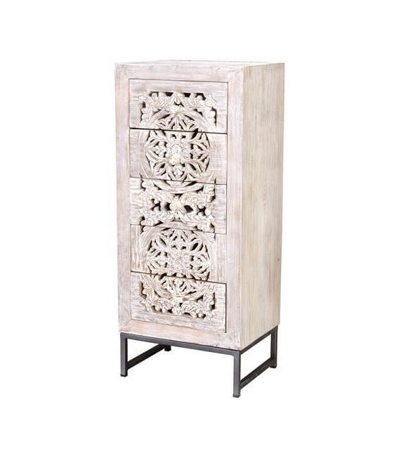 Sinfonier étnico de madera tallada blanqueada y metal gris. Mdmhogar