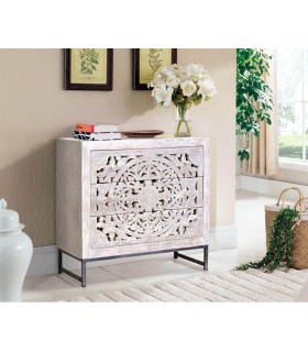 Cómoda étnica con 3 cajones de madera tallada y base metálica gris. Mdmhogar