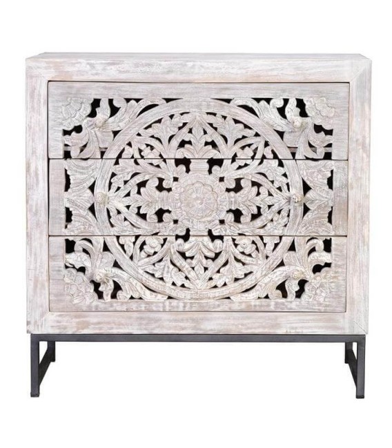 Cómoda étnica con 3 cajones de madera tallada y base metálica gris. 1