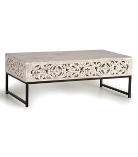 Mesa de centro étnica rectangular en madera tallada y metal gris. Mdmhogar