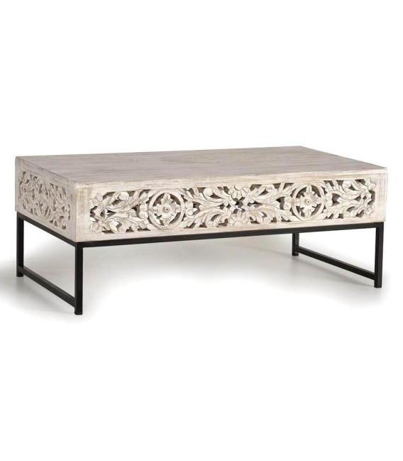 Mesa de centro étnica rectangular en madera tallada y metal gris. Mdmhogar