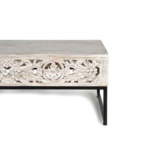 Mesa de centro étnica rectangular en madera tallada y metal gris. 2