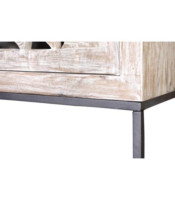 Alacena étnica de madera tallada blanqueada con base metálica gris. 3