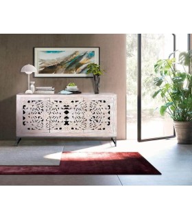 Aparador étnico blanqueado con madera tallada y 3 cajones. Mdmhogar