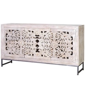 Aparador étnico blanqueado con madera tallada y 3 cajones.