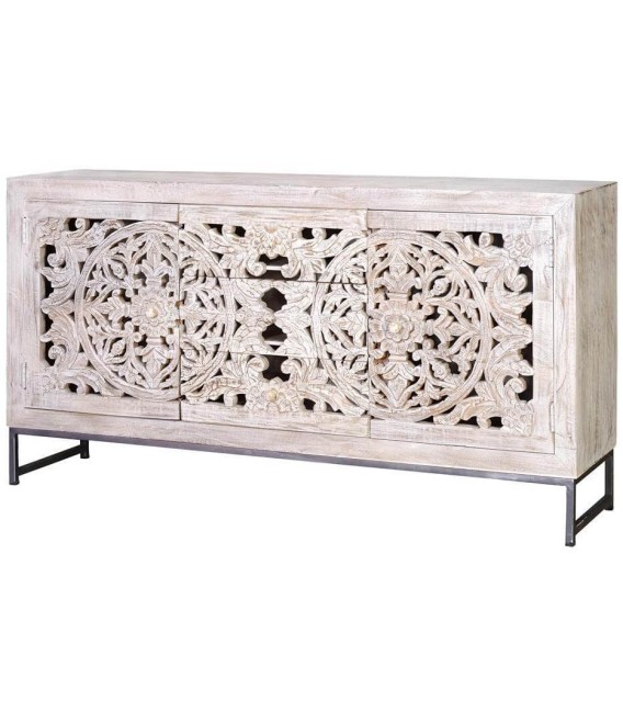Aparador étnico blanqueado con madera tallada y 3 cajones.