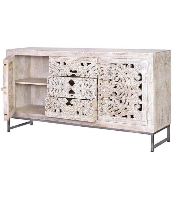 Aparador étnico blanqueado con madera tallada y 3 cajones. 2