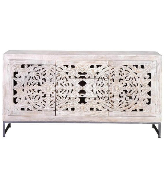 Aparador étnico blanqueado con madera tallada y 3 cajones. 1