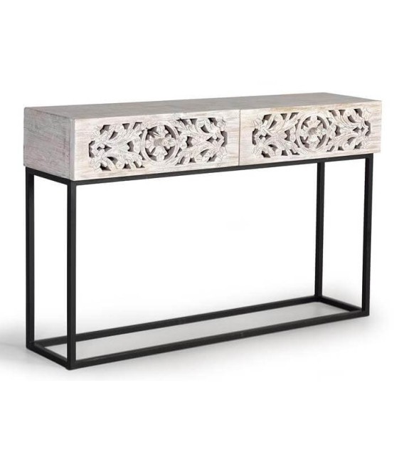 Consola de entrada étnica con madera tallada blanqueada y metal gris.  Mdmhogar