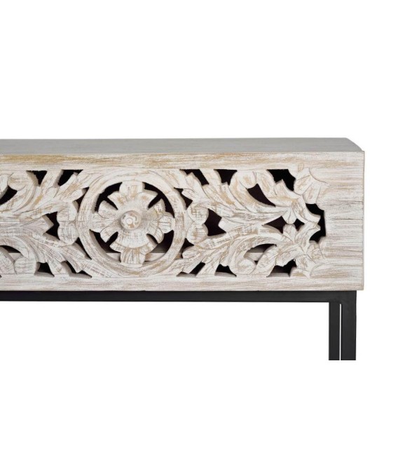 Consola de entrada étnica con madera tallada blanqueada y metal gris. 2