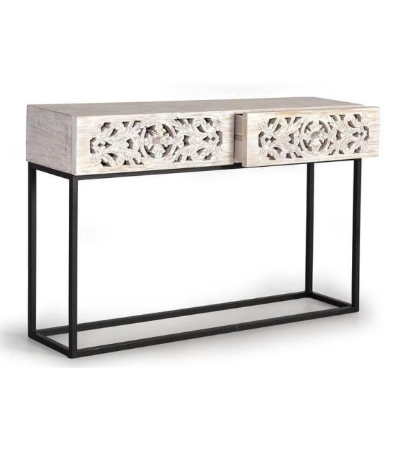 Consola de entrada étnica con madera tallada blanqueada y metal gris. 1