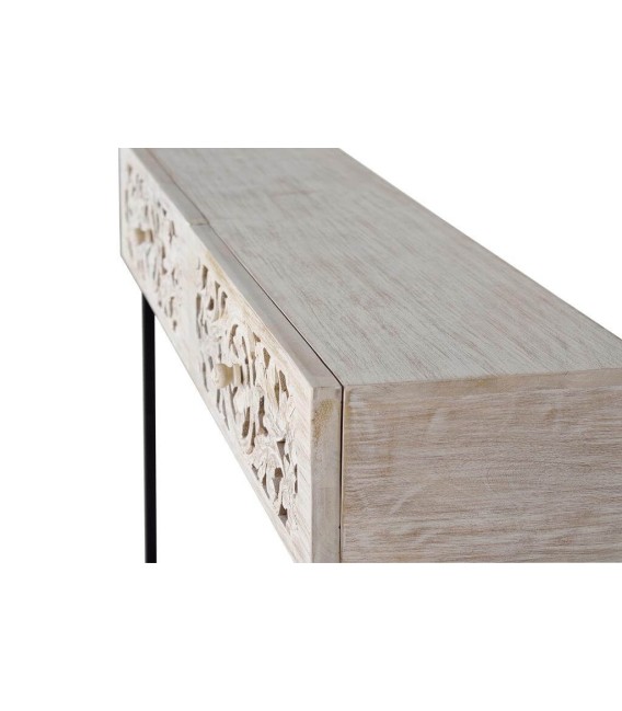 Consola de entrada étnica con madera tallada blanqueada y metal gris. 3