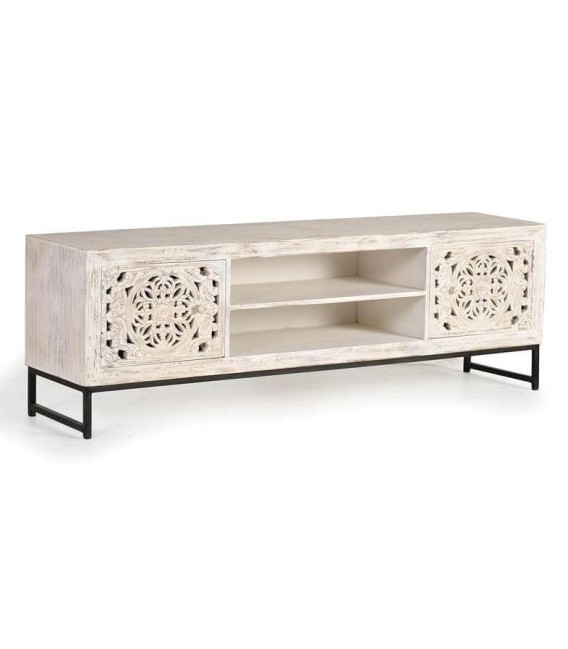 Mueble TV étnico blanco tallado en madera de mango y metal negro Mdmhogar
