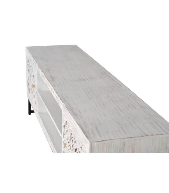 Mueble TV étnico blanco tallado en madera de mango y metal negro2