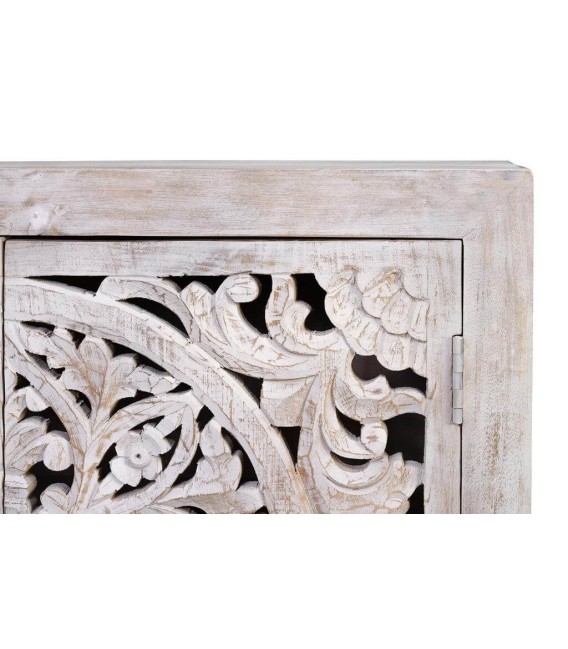 Taquillón étnico de madera blanqueada tallada con base gris de metal. 3